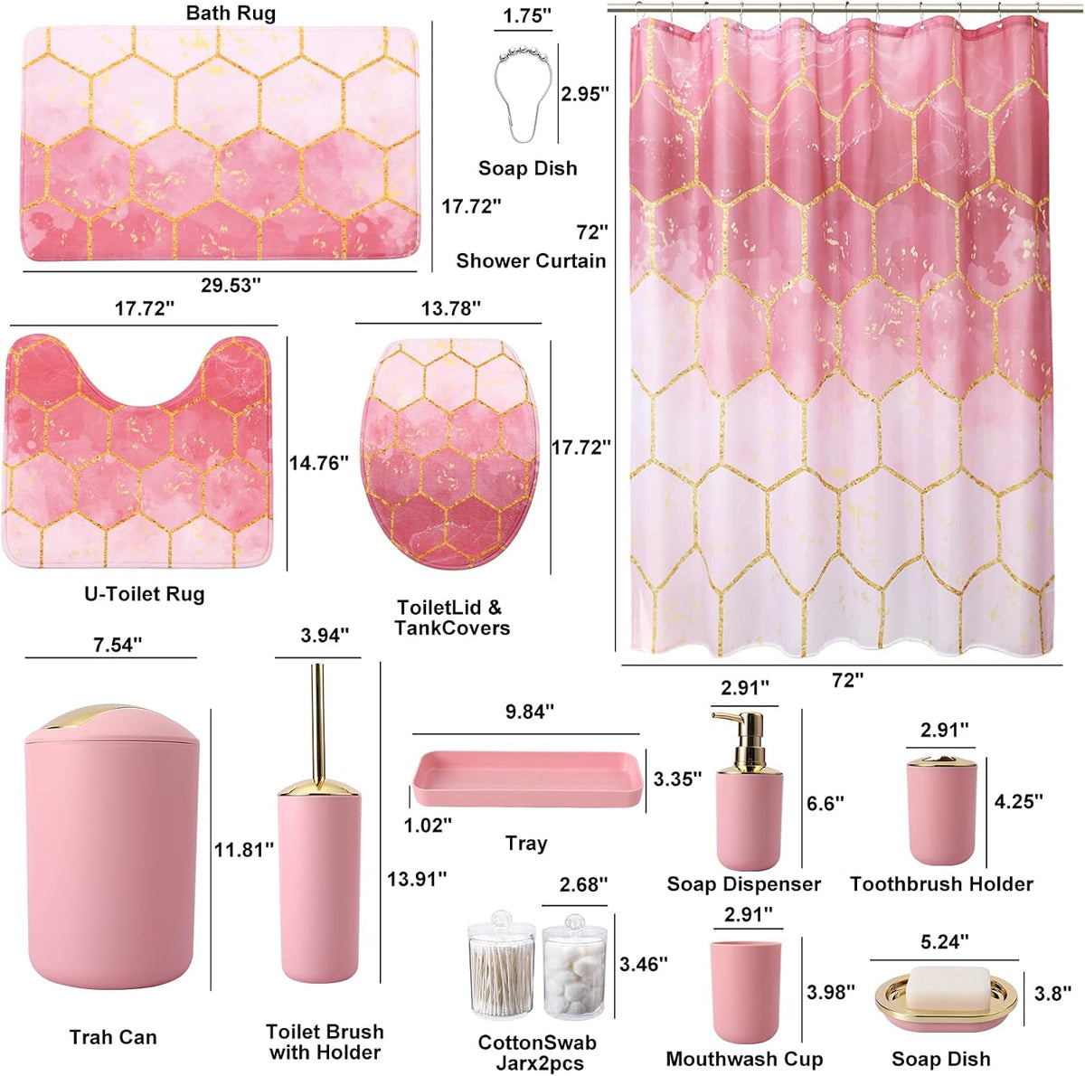 25 Pcs Pink Bathroom Accessories Set with Shower Curtain, Rugs & Trash Can