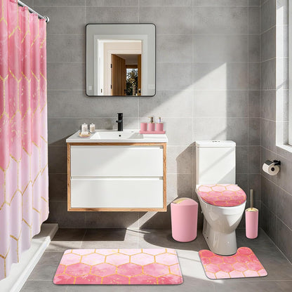 25 Pcs Pink Bathroom Accessories Set with Shower Curtain, Rugs & Trash Can