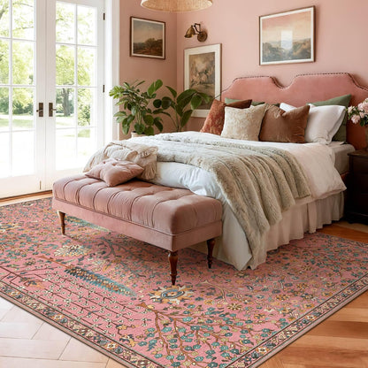 8x10 Vintage Floral Botanical Washable Printed Area Rug Rosette Pink