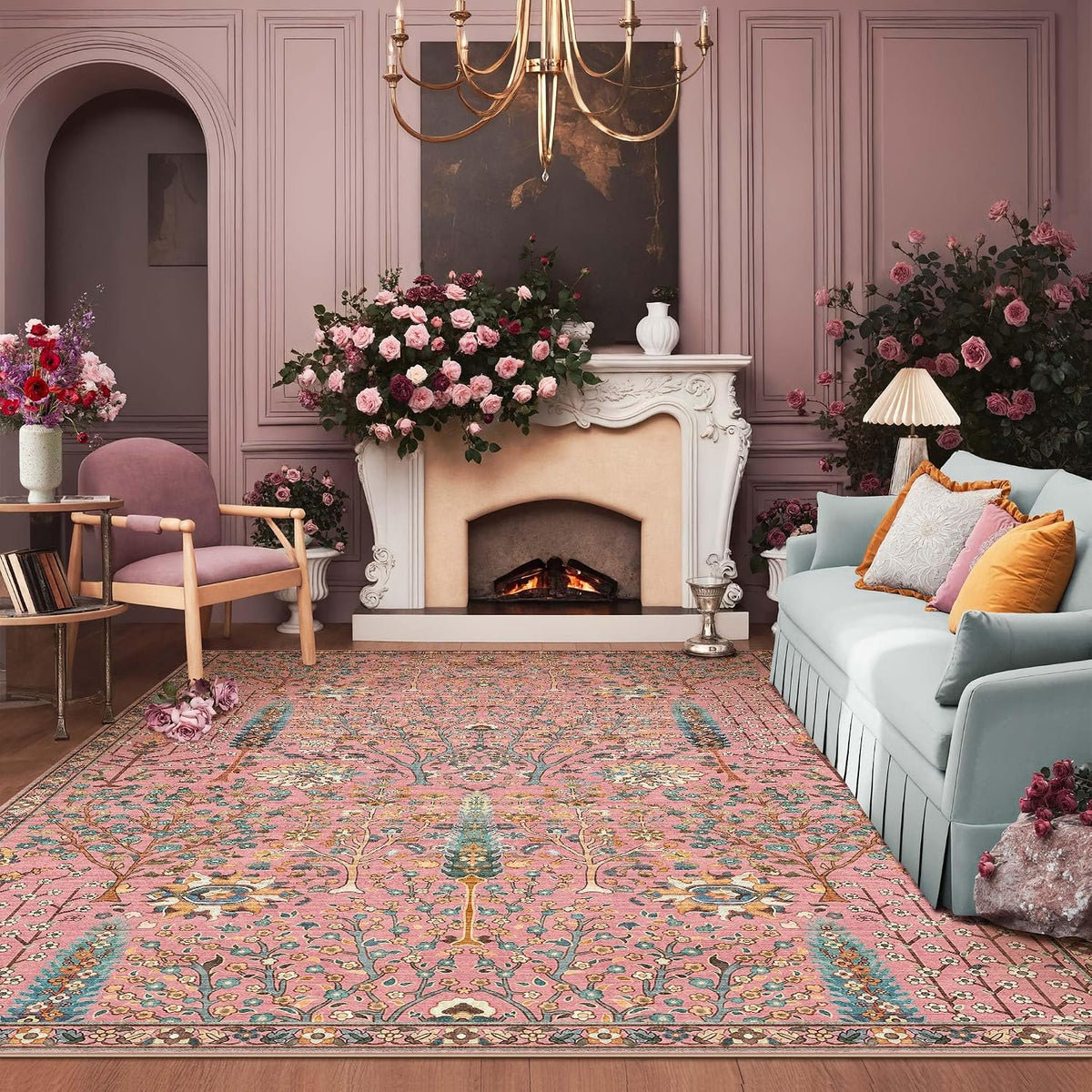8x10 Vintage Floral Botanical Washable Printed Area Rug Rosette Pink