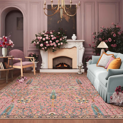 8x10 Vintage Floral Botanical Washable Printed Area Rug Rosette Pink
