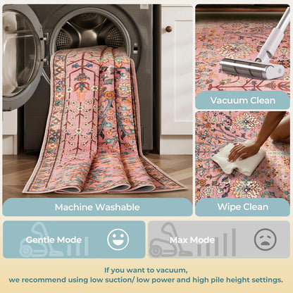 8x10 Vintage Floral Botanical Washable Printed Area Rug Rosette Pink