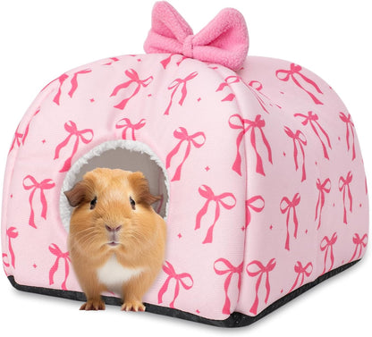 Washable Guinea Pig House Bed Pink Bow Bunny Hideout Cage Accessories Reusable Hideaway for Ferret Hedgehog Small Animal, 9.5 x 9.5 x 8 Inch