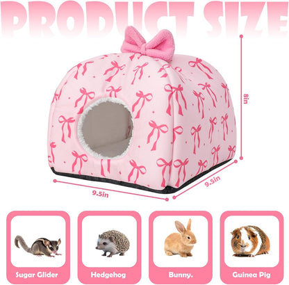 Washable Guinea Pig House Bed Pink Bow Bunny Hideout Cage Accessories Reusable Hideaway for Ferret Hedgehog Small Animal, 9.5 x 9.5 x 8 Inch