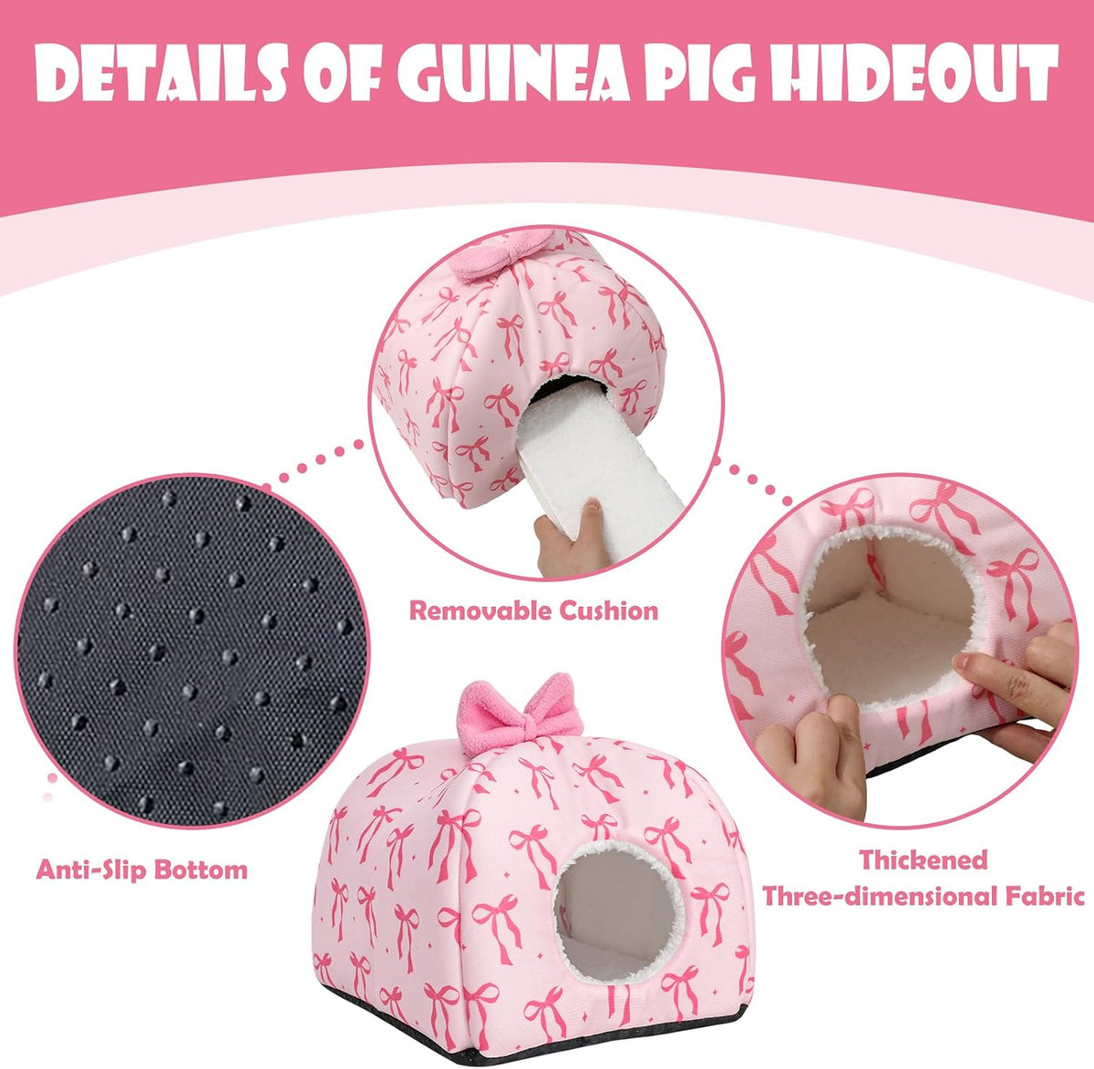 Washable Guinea Pig House Bed Pink Bow Bunny Hideout Cage Accessories Reusable Hideaway for Ferret Hedgehog Small Animal, 9.5 x 9.5 x 8 Inch