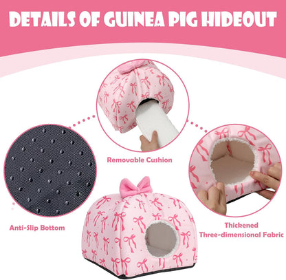 Washable Guinea Pig House Bed Pink Bow Bunny Hideout Cage Accessories Reusable Hideaway for Ferret Hedgehog Small Animal, 9.5 x 9.5 x 8 Inch