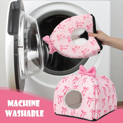 Washable Guinea Pig House Bed Pink Bow Bunny Hideout Cage Accessories Reusable Hideaway for Ferret Hedgehog Small Animal, 9.5 x 9.5 x 8 Inch