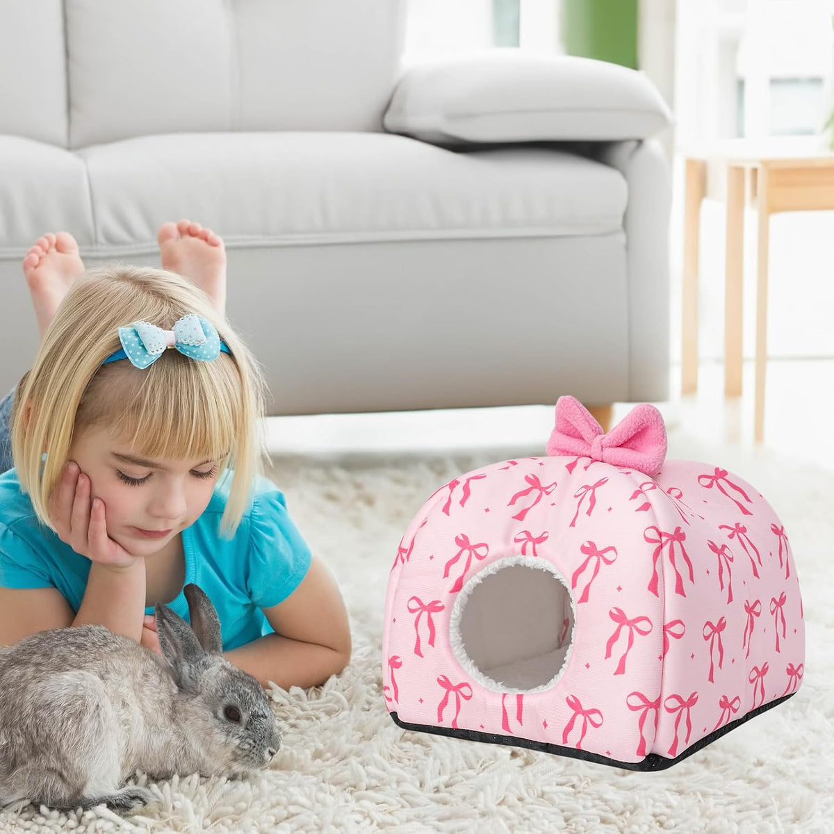 Washable Guinea Pig House Bed Pink Bow Bunny Hideout Cage Accessories Reusable Hideaway for Ferret Hedgehog Small Animal, 9.5 x 9.5 x 8 Inch
