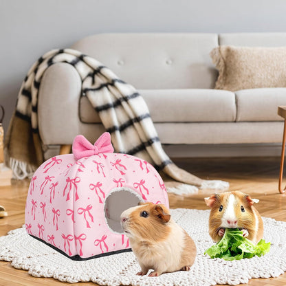 Washable Guinea Pig House Bed Pink Bow Bunny Hideout Cage Accessories Reusable Hideaway for Ferret Hedgehog Small Animal, 9.5 x 9.5 x 8 Inch