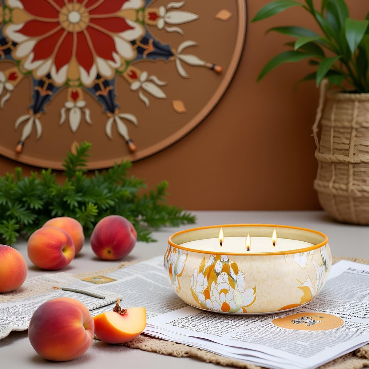 Peach Scented Soy Candles, 3 Wick for Home Scented, 12 oz