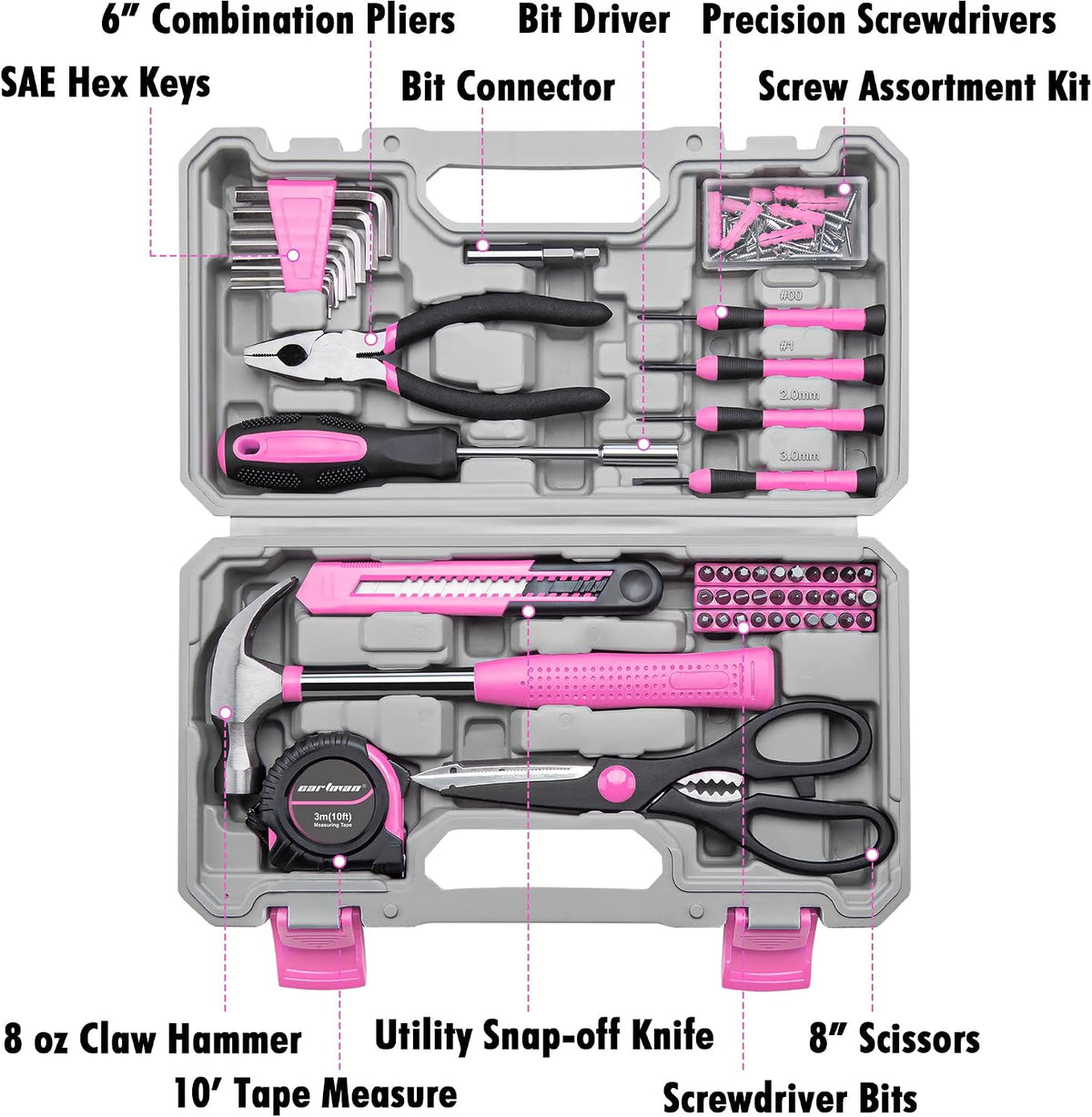 Complete Household Tool Set, Pink Hand Kit With Storage Case