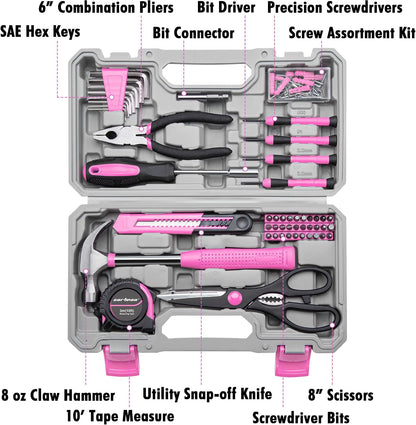 Complete Household Tool Set, Pink Hand Kit With Storage Case