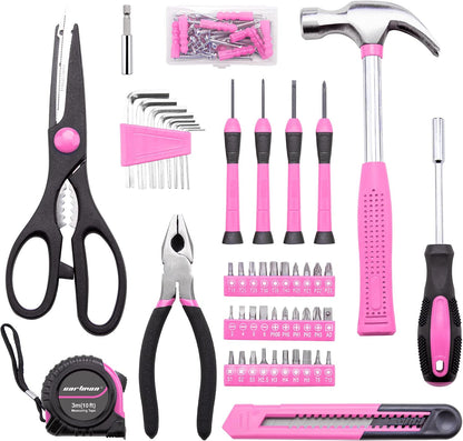 Complete Household Tool Set, Pink Hand Kit With Storage Case