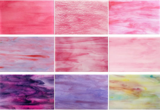 9 Sheets Stained Glass Sheet Pink and Purple Collection, 4 x 6 inch Stained Glass Supplies Mosaic Tiles for Crafts, Pink Purple Colors for Glass Hobbyists Projects and Arts