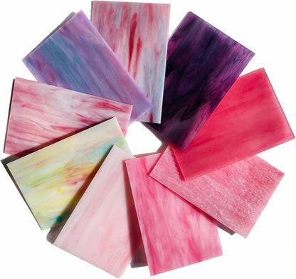 9 Sheets Stained Glass Sheet Pink and Purple Collection, 4 x 6 inch Stained Glass Supplies Mosaic Tiles for Crafts, Pink Purple Colors for Glass Hobbyists Projects and Arts