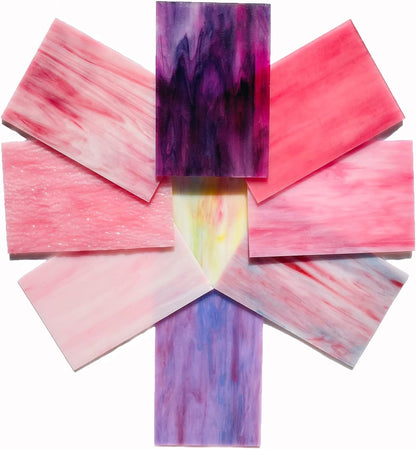 9 Sheets Stained Glass Sheet Pink and Purple Collection, 4 x 6 inch Stained Glass Supplies Mosaic Tiles for Crafts, Pink Purple Colors for Glass Hobbyists Projects and Arts