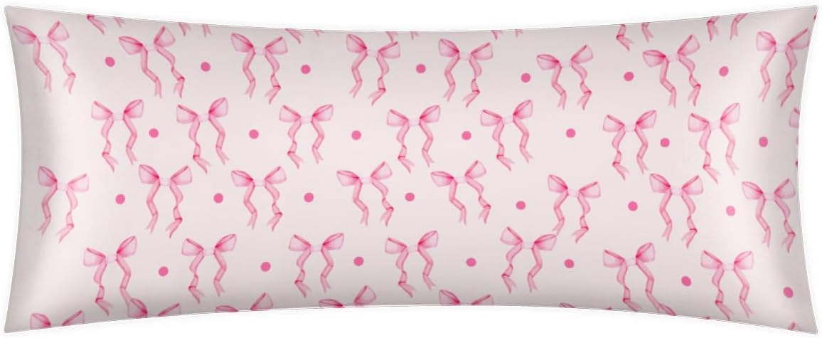 Pink Bow Ribbon Satin Body Pillow Case with Zipper 21x54 inch, Valentine‘s Day Decorative Throw Pillows Covers for Car, Room Throw Pillow Cases, Soft Breathable Pillowcases for Hair and Skin