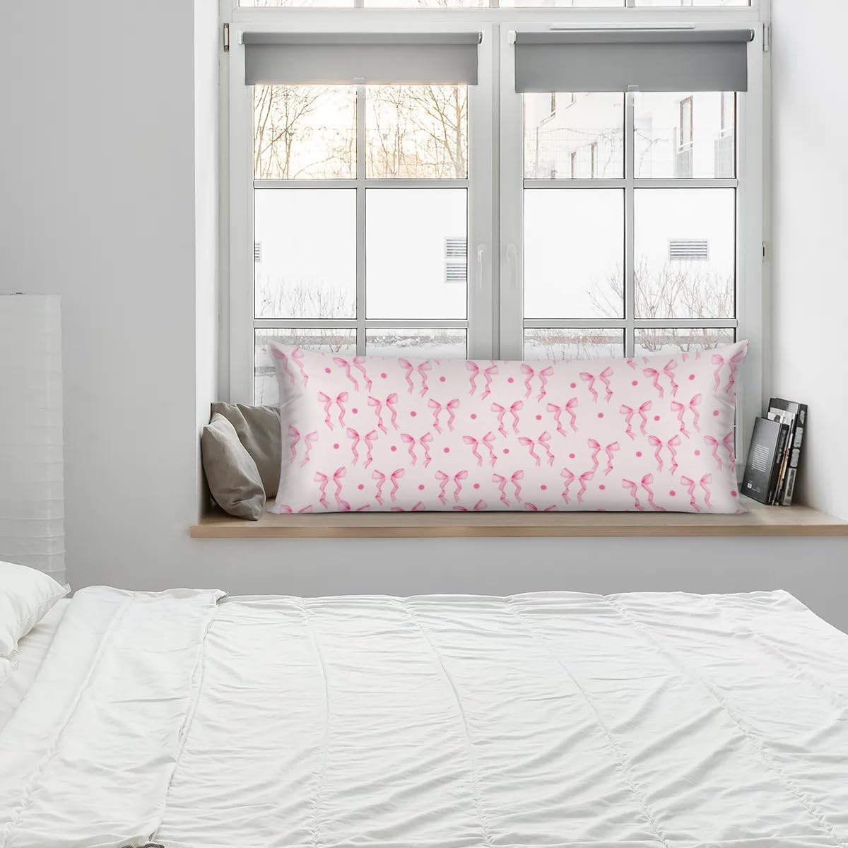 Pink Bow Ribbon Satin Body Pillow Case with Zipper 21x54 inch, Valentine‘s Day Decorative Throw Pillows Covers for Car, Room Throw Pillow Cases, Soft Breathable Pillowcases for Hair and Skin