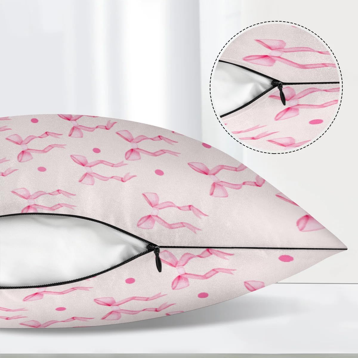 Pink Bow Ribbon Satin Body Pillow Case with Zipper 21x54 inch, Valentine‘s Day Decorative Throw Pillows Covers for Car, Room Throw Pillow Cases, Soft Breathable Pillowcases for Hair and Skin