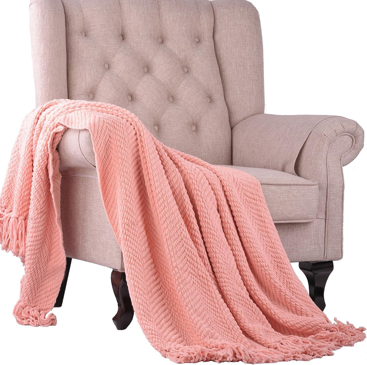 Pink Throw Blanket Knitted Tweed Throw 50'' x 60'', Peach Melba, Super Soft Cozy Warm Comfortable Breathable Throw for Living Room Chair Couch Bed Sofa Bedroom Home Décor