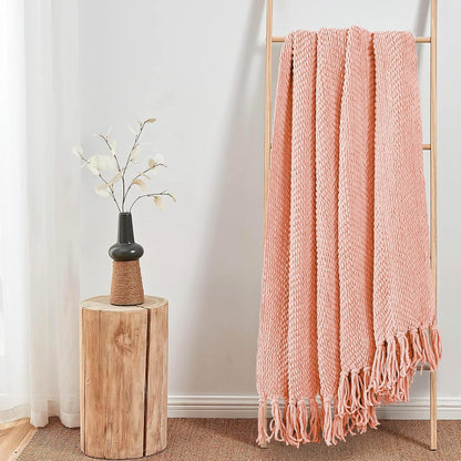 Pink Throw Blanket Knitted Tweed Throw 50'' x 60'', Peach Melba, Super Soft Cozy Warm Comfortable Breathable Throw for Living Room Chair Couch Bed Sofa Bedroom Home Décor