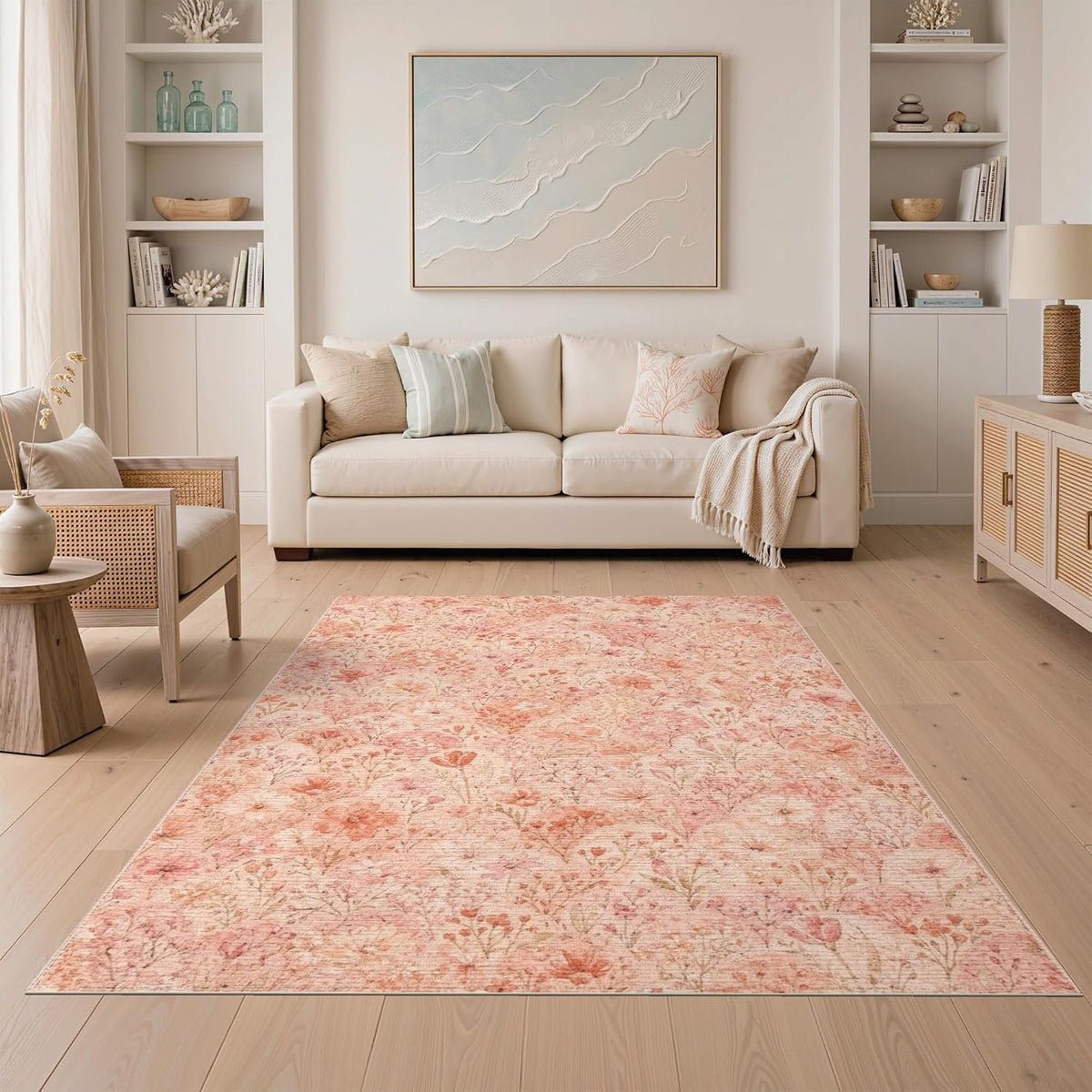 5'x7' Washable Flatwoven Rug, Peach Bohemian Floral Stain Resistant Area Rug for Guest Room, Lounge, Apartment, Non-Slip Low Profile Floor Covering | Ref:2218071