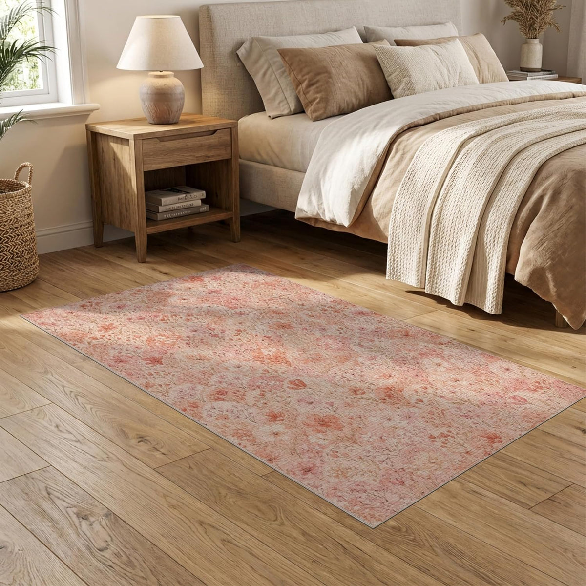 5'x7' Washable Flatwoven Rug, Peach Bohemian Floral Stain Resistant Area Rug for Guest Room, Lounge, Apartment, Non-Slip Low Profile Floor Covering | Ref:2218071