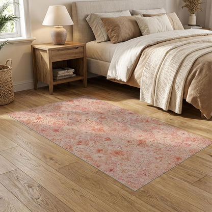 5'x7' Washable Flatwoven Rug, Peach Bohemian Floral Stain Resistant Area Rug for Guest Room, Lounge, Apartment, Non-Slip Low Profile Floor Covering | Ref:2218071