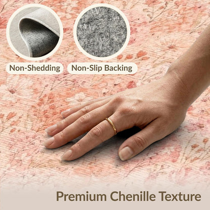 5'x7' Washable Flatwoven Rug, Peach Bohemian Floral Stain Resistant Area Rug for Guest Room, Lounge, Apartment, Non-Slip Low Profile Floor Covering | Ref:2218071