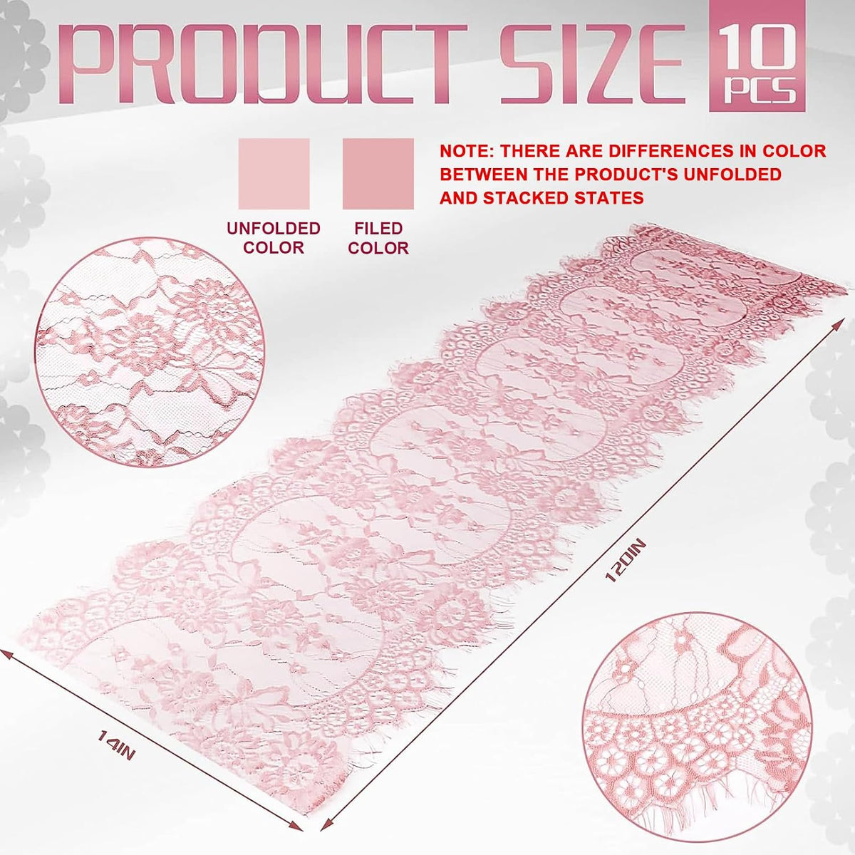10 Pcs Lace Table Runner Floral, 14''x120'', Rose Pink