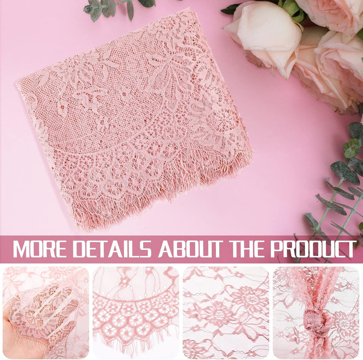 10 Pcs Lace Table Runner Floral, 14''x120'', Rose Pink