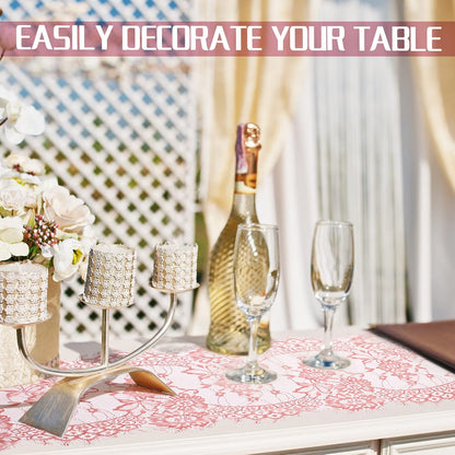 10 Pcs Lace Table Runner Floral, 14''x120'', Rose Pink