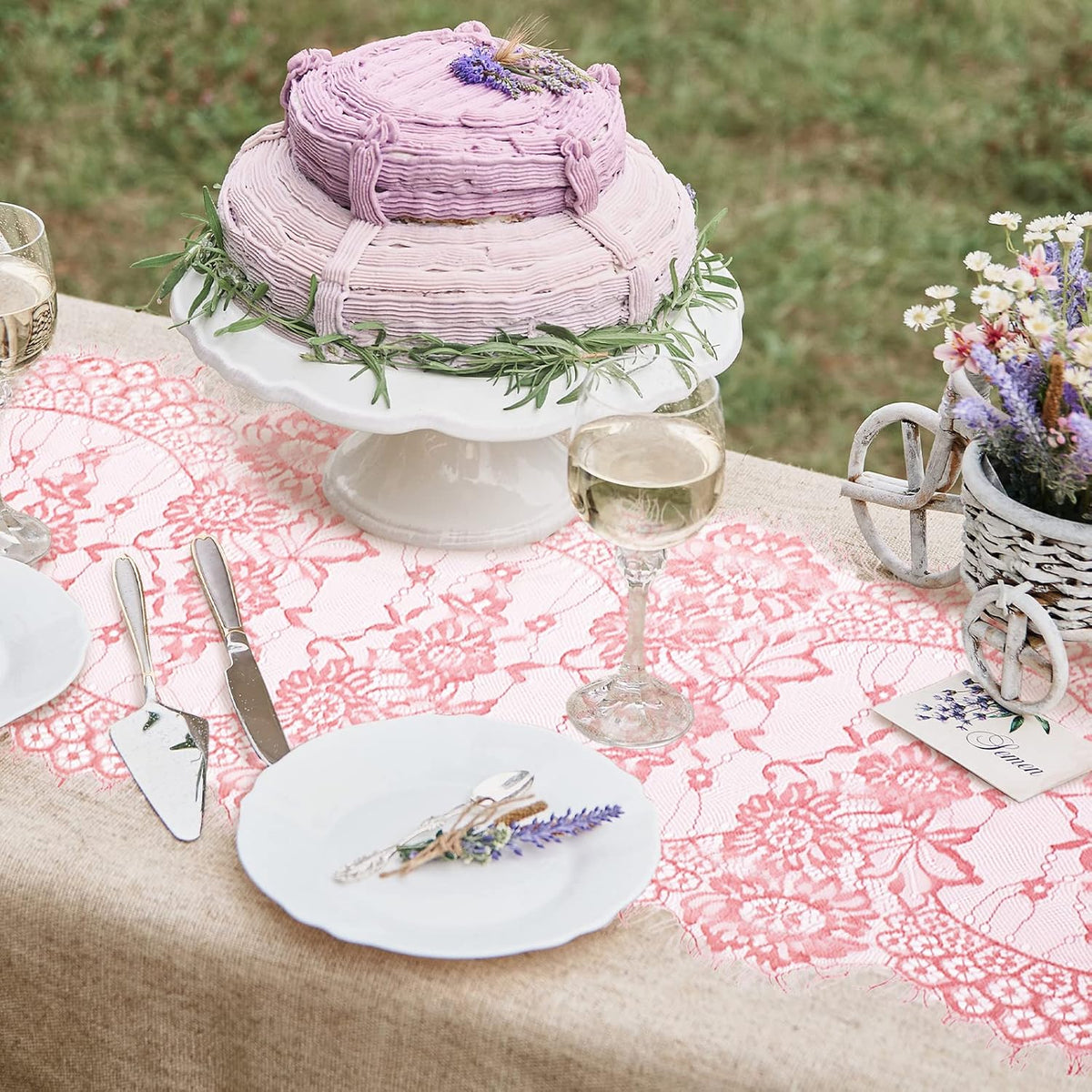 10 Pcs Lace Table Runner Floral, 14''x120'', Rose Pink