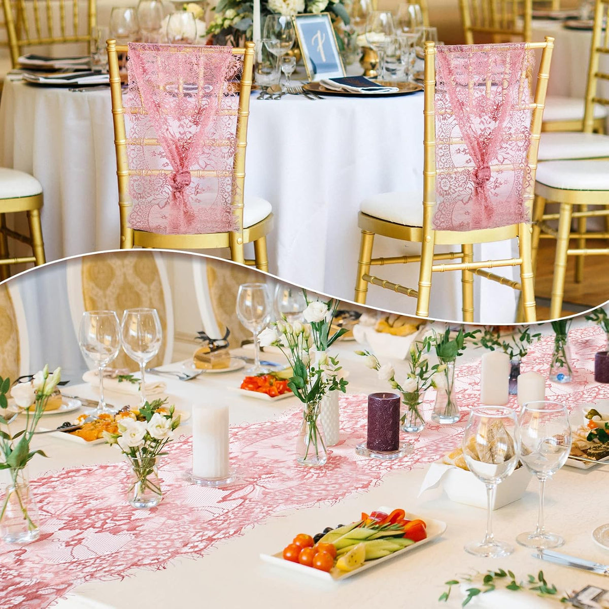 10 Pcs Lace Table Runner Floral, 14''x120'', Rose Pink