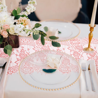 10 Pcs Lace Table Runner Floral, 14''x120'', Rose Pink