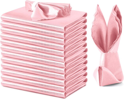 VACVELT 12 Pack Blush Pink Satin Napkins, 17x17 Inch Scalloped Elegant Dinner Napkins for Wedding, Restaurant, Banquet, Graduation Party