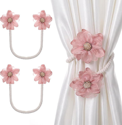2PCS Pink Flower Curtain Holdback No Drill Premium Fabric