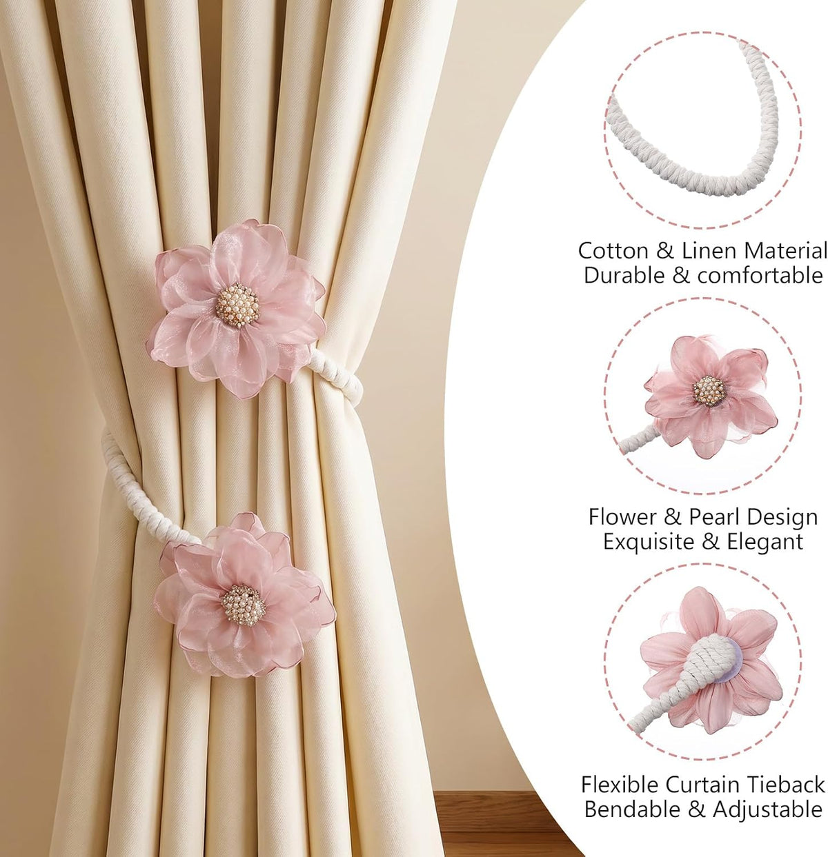2PCS Pink Flower Curtain Holdback No Drill Premium Fabric