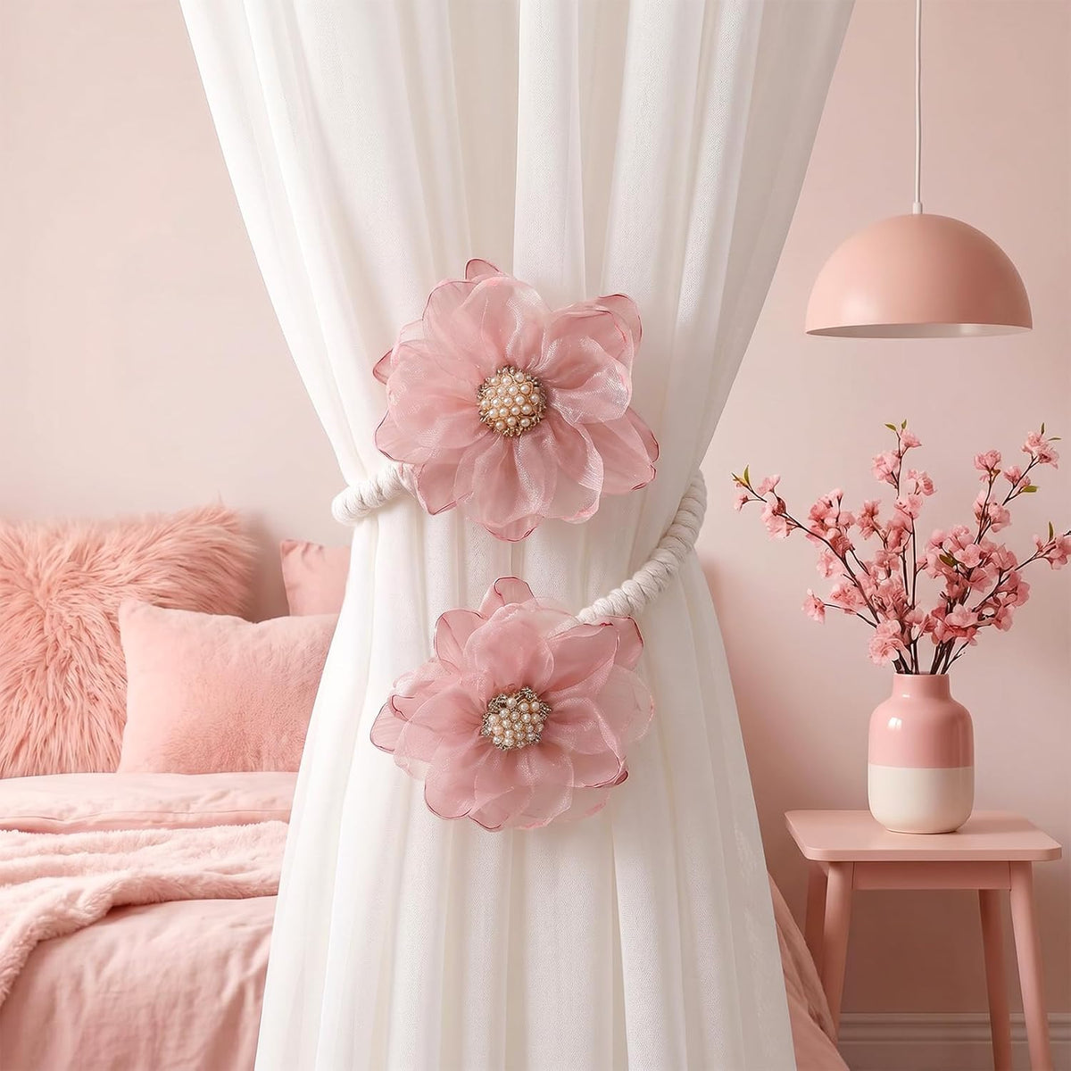 2PCS Pink Flower Curtain Holdback No Drill Premium Fabric