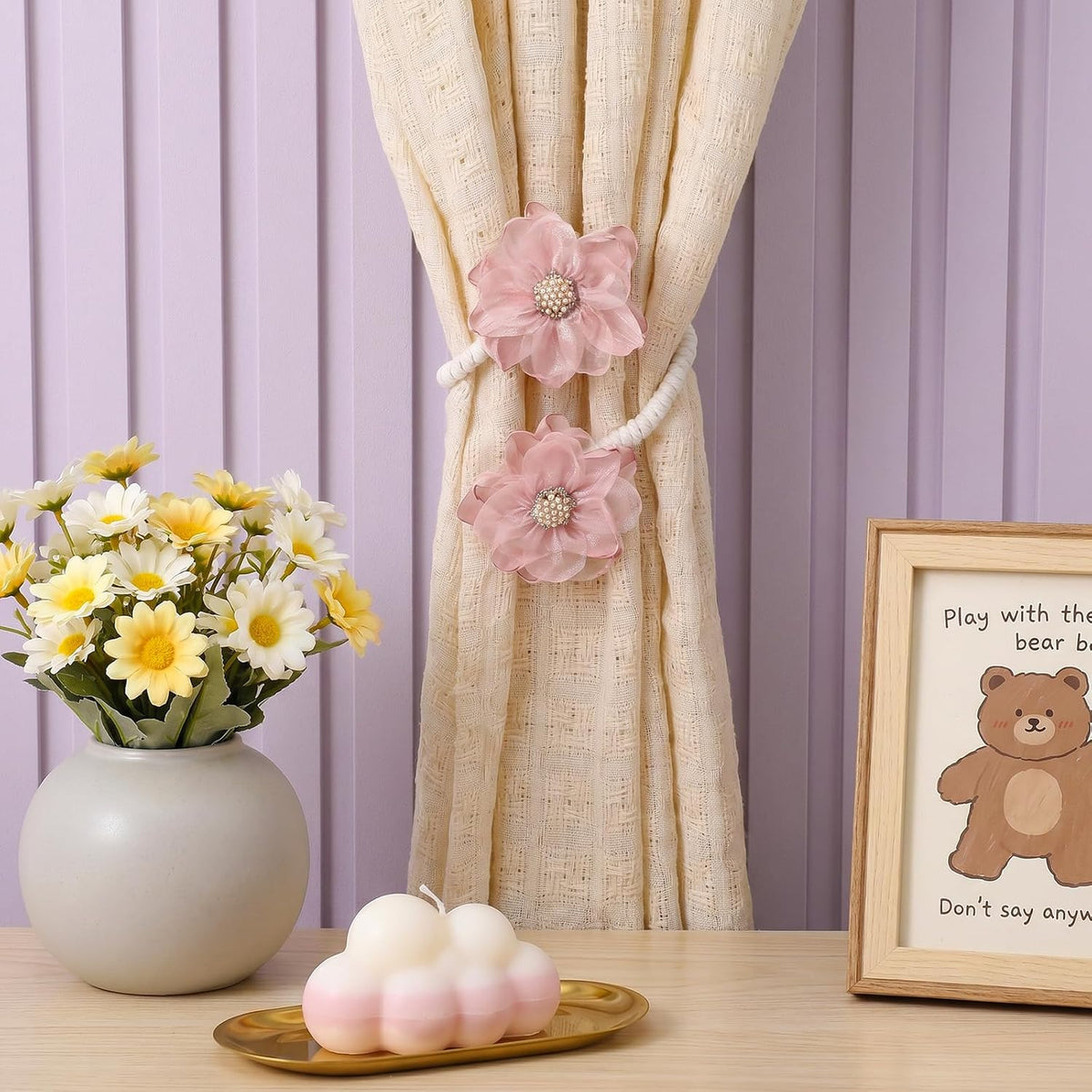 2PCS Pink Flower Curtain Holdback No Drill Premium Fabric
