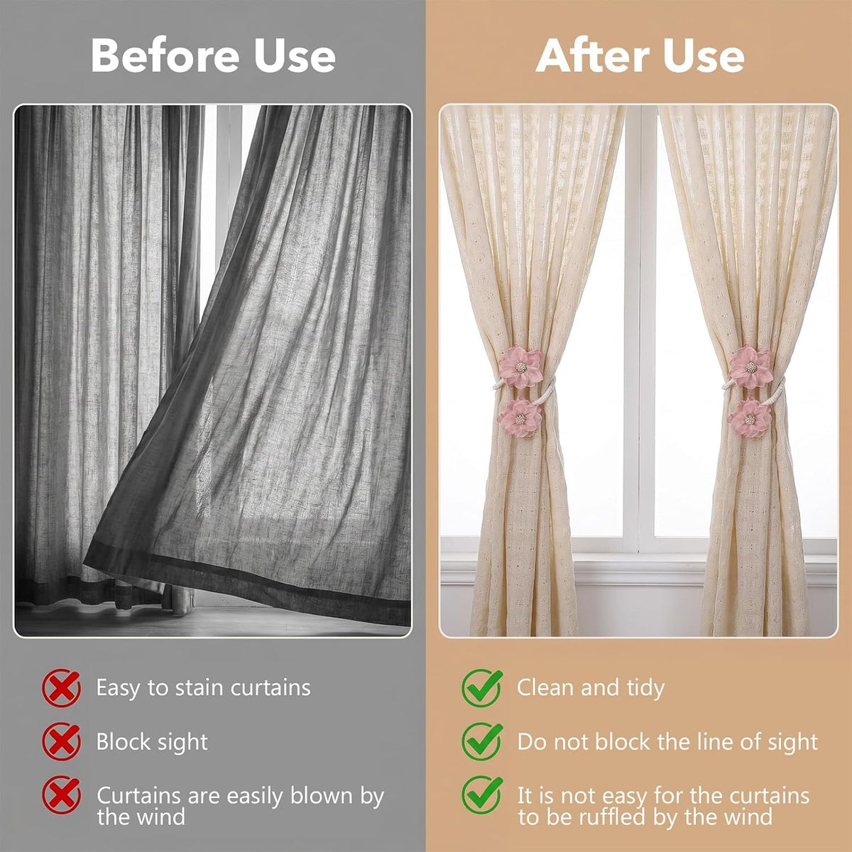 2PCS Pink Flower Curtain Holdback No Drill Premium Fabric