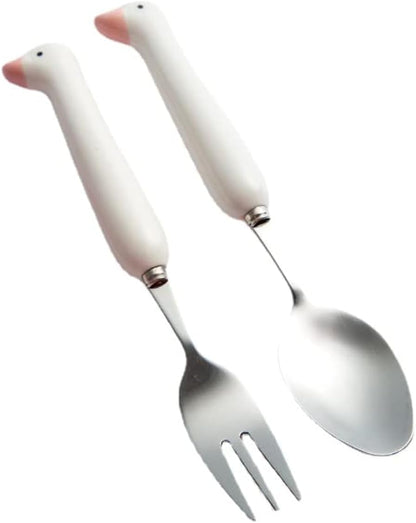 Duck Spoon Fork Cutlery Set Cute Cat Claw Portable Travel Stainless Steel Dessert Cake Fruit Ceramic Spoon Coffee Teaspoons Kitchen Accessories Tableware (Duck-Pink)