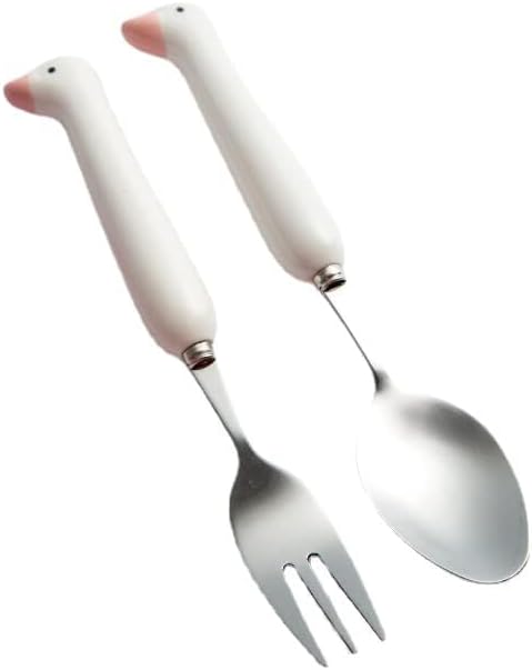 Duck Spoon Fork Cutlery Set Cute Cat Claw Portable Travel Stainless Steel Dessert Cake Fruit Ceramic Spoon Coffee Teaspoons Kitchen Accessories Tableware (Duck-Pink)