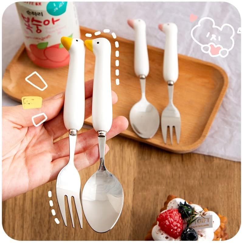 Duck Spoon Fork Cutlery Set Cute Cat Claw Portable Travel Stainless Steel Dessert Cake Fruit Ceramic Spoon Coffee Teaspoons Kitchen Accessories Tableware (Duck-Pink)