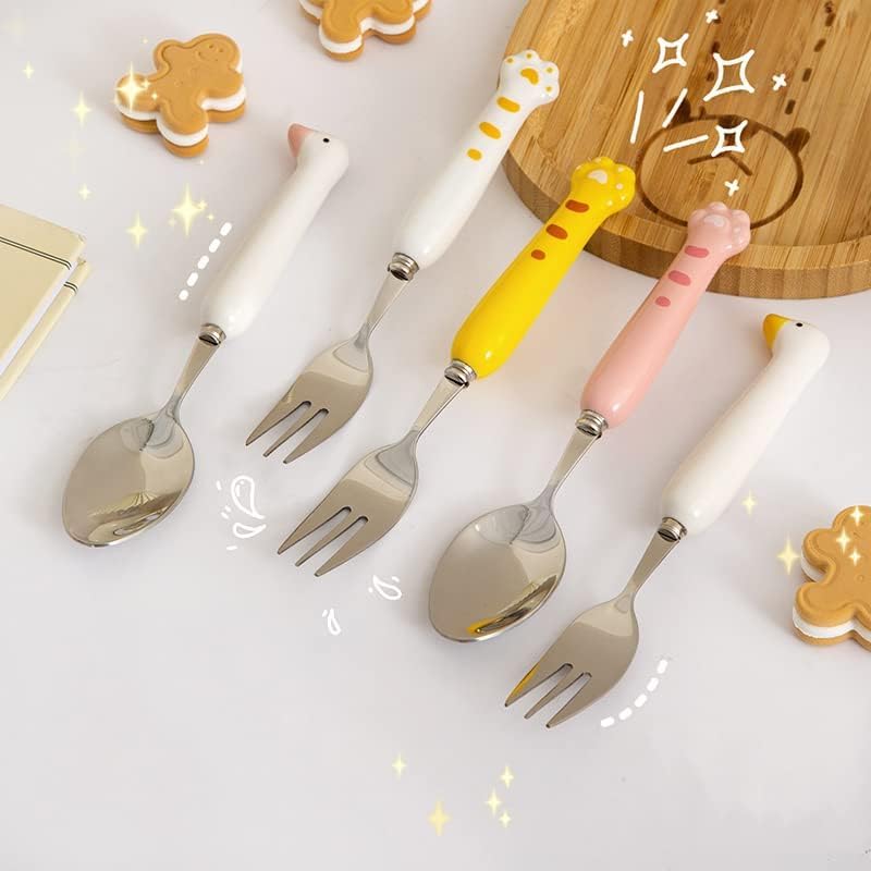 Duck Spoon Fork Cutlery Set Cute Cat Claw Portable Travel Stainless Steel Dessert Cake Fruit Ceramic Spoon Coffee Teaspoons Kitchen Accessories Tableware (Duck-Pink)