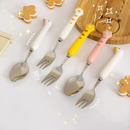 Duck Spoon Fork Cutlery Set Cute Cat Claw Portable Travel Stainless Steel Dessert Cake Fruit Ceramic Spoon Coffee Teaspoons Kitchen Accessories Tableware (Duck-Pink)
