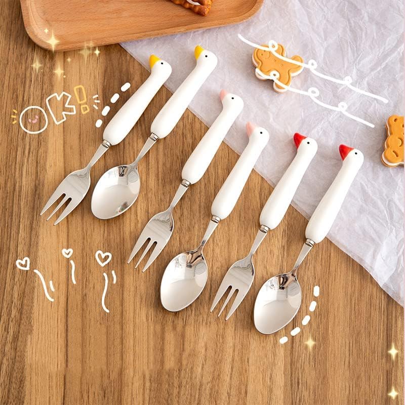 Duck Spoon Fork Cutlery Set Cute Cat Claw Portable Travel Stainless Steel Dessert Cake Fruit Ceramic Spoon Coffee Teaspoons Kitchen Accessories Tableware (Duck-Pink)