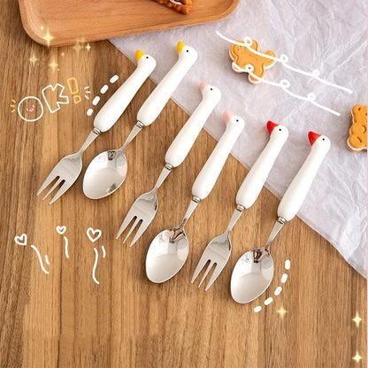 Duck Spoon Fork Cutlery Set Cute Cat Claw Portable Travel Stainless Steel Dessert Cake Fruit Ceramic Spoon Coffee Teaspoons Kitchen Accessories Tableware (Duck-Pink)