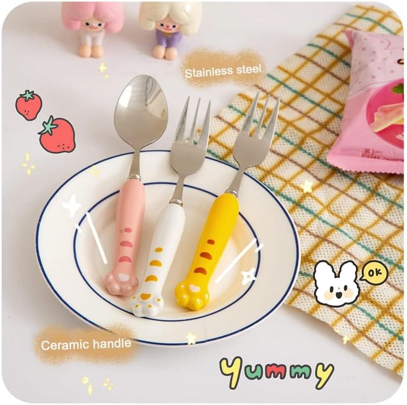 Duck Spoon Fork Cutlery Set Cute Cat Claw Portable Travel Stainless Steel Dessert Cake Fruit Ceramic Spoon Coffee Teaspoons Kitchen Accessories Tableware (Duck-Pink)