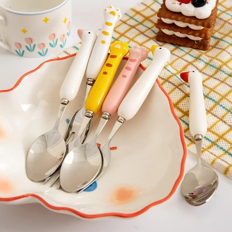 Duck Spoon Fork Cutlery Set Cute Cat Claw Portable Travel Stainless Steel Dessert Cake Fruit Ceramic Spoon Coffee Teaspoons Kitchen Accessories Tableware (Duck-Pink)